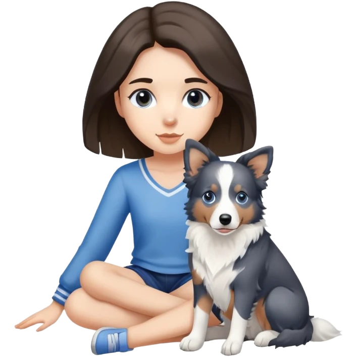 A girl sits with a Blue and white border collie emoji