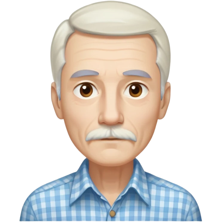 Skinny man in his 70s with fair skin. Long narrow face. Gentle light brown eyes. Long, flowing straight white hair reaching past shoulders, with light bangs. Thin eyebrows. White goatee connected to mustache. Slender appearance. Wearing a light blue and beige checkered button-up shirt. emoji