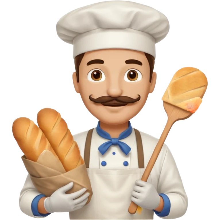 Middle aged male pastry chef - with a mustache, apron, white hat, holding a bag of bread emoji