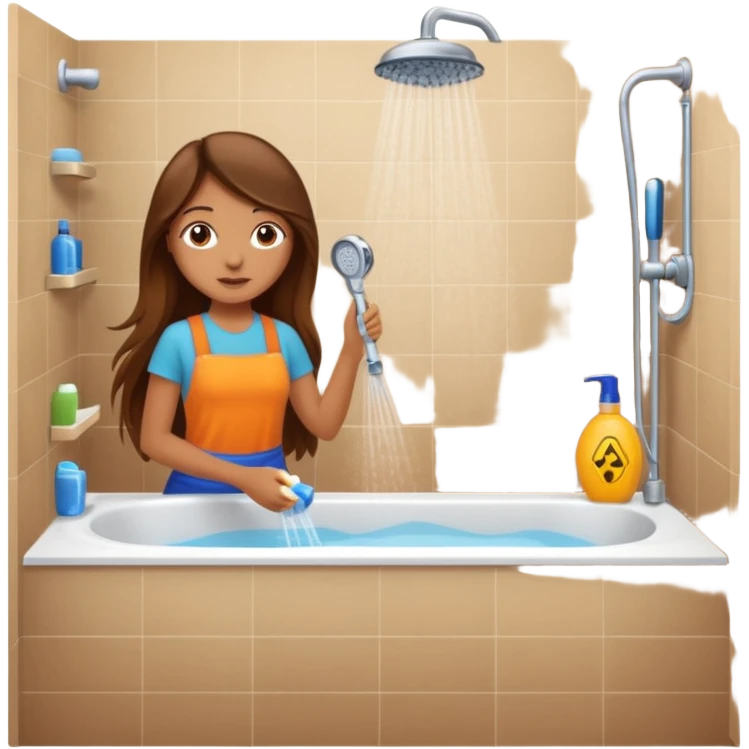 beautiful girl with long brown hair constructing new bathroom area with new shower and amenities  emoji