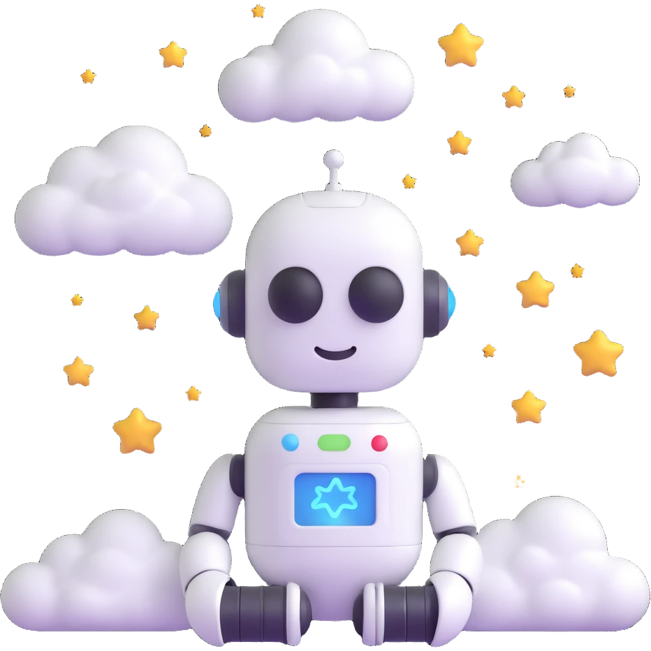 minimalist 3D cartoon-style icon of a peaceful robot with a pill-shaped head, eyes closed, gentle smile, with clouds and stars around the head, simple clean lines emoji