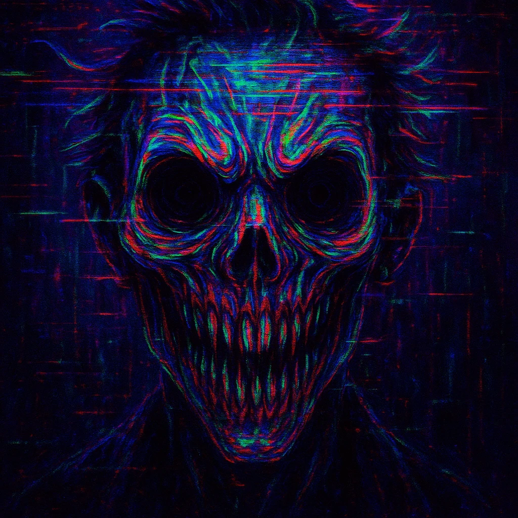 freaky face, glitch effect, neon colors, digital art style emoji