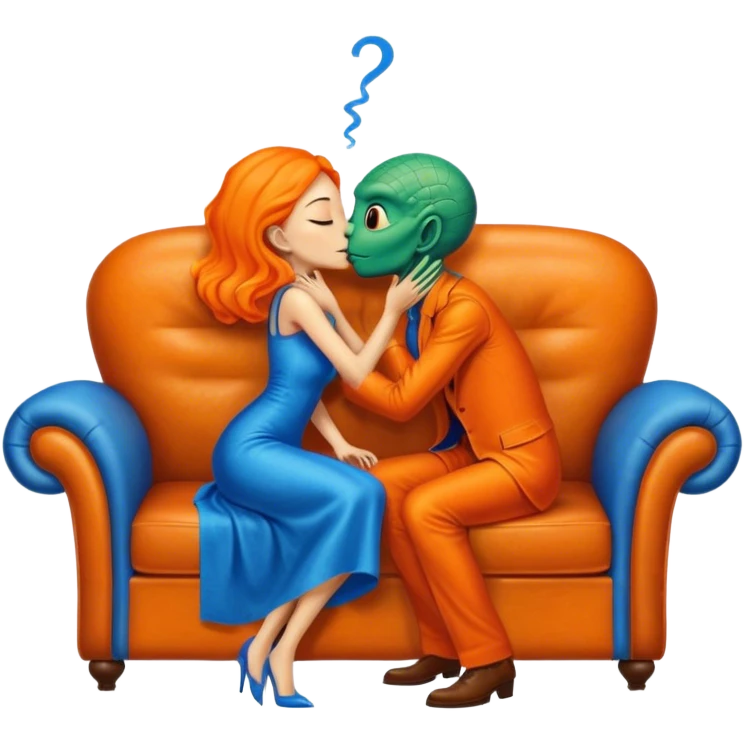 A reptilian alien woman in orange dress kissing human man in blue dress, on sofa emoji