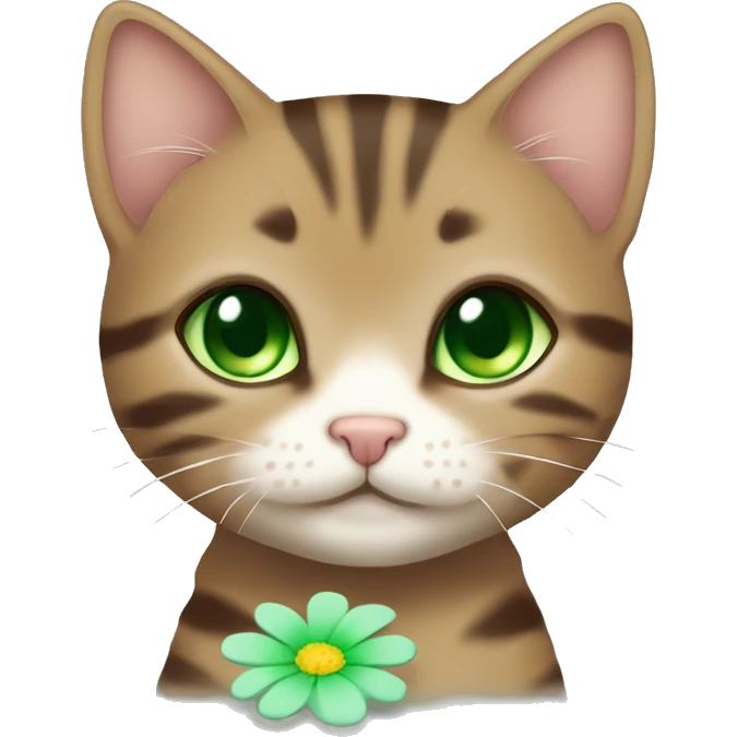 kawaii brown tabby kitten with green eyes and pastel green flower emoji