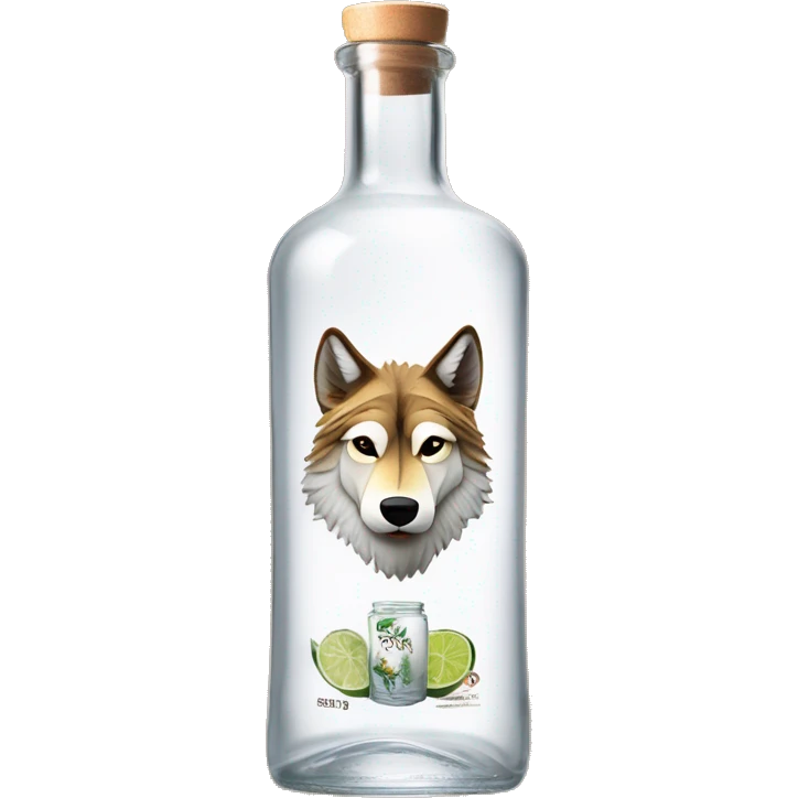 A tequila blanco classic transparent long cylindrical bottle with a wolf on top of the label, "Lopez" on the middle, and agave plants on the bottom of the label. Only the cap is made of light wood emoji