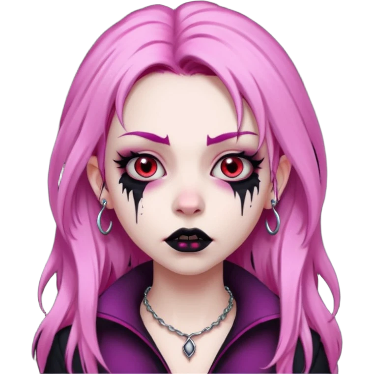 girl, pale vampire, pink hair, very long, shaggy, dark, spooky,double eyebrow dermal piercing, creepy expression emoji