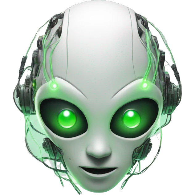 Round Alien cyborg head with glowing wires and green eyes  emoji