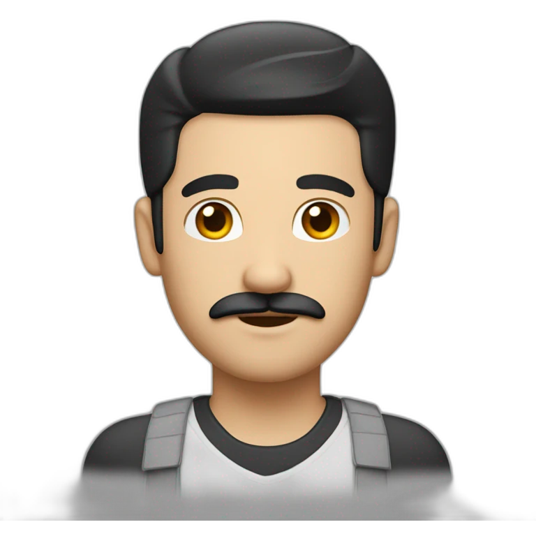 man whit black hair, white shirt, backwards grey cap and flipped eyebrows as a moustache emoji