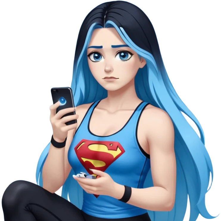 Shameful disappointed crying-very very very very big chest-texting on a samsung cell phone-very long straight flowing black to sky blue hair ombre-blue eyes-black eyeliner-long eyelashes-plastic sparkling sky blue very low cut tank top with sparkling superman logo-black leggings-nike sneakers emoji
