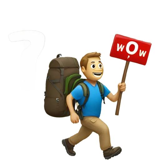 Man hiking with sign that says “Wow!” emoji