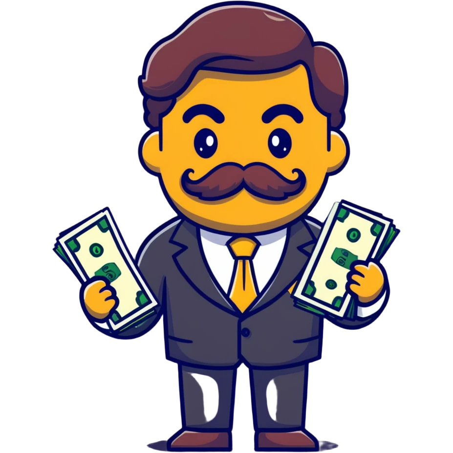 Finance broker with enormous curly mustache, business suit, dollar sign eyes, holding money emoji