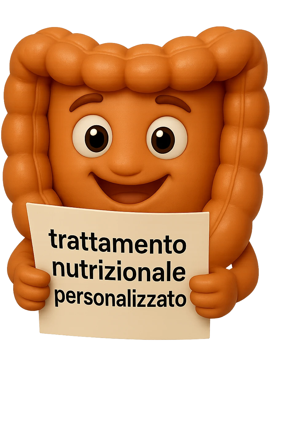 emoji stile iphone di un intestino realistico felice che legge un foglio con la scritta "trattamento nutrizionale personalizzato", non fargli il naso, iperrealistico 4k emoji