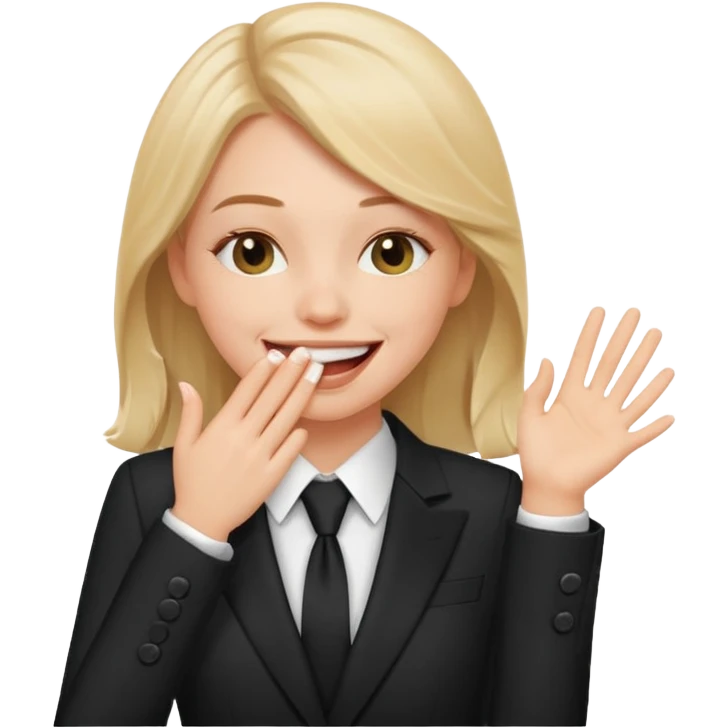 a white girl in a formal suit laughs, covers his mouth with his hand emoji