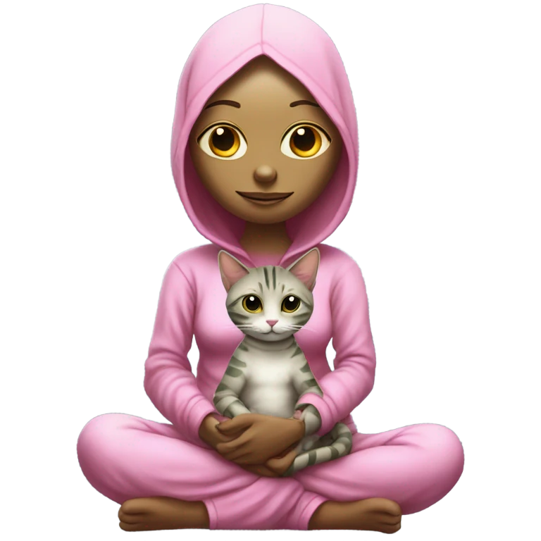 Reptilian alien woman,in meditation, in pink pajamas, hugs a tabby cat emoji