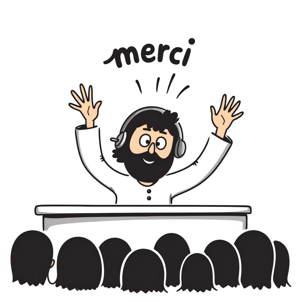 A person with black hair, brown eyes, and a black beard wearing a gaming headset, raising hands saying "merci" to an audience emoji