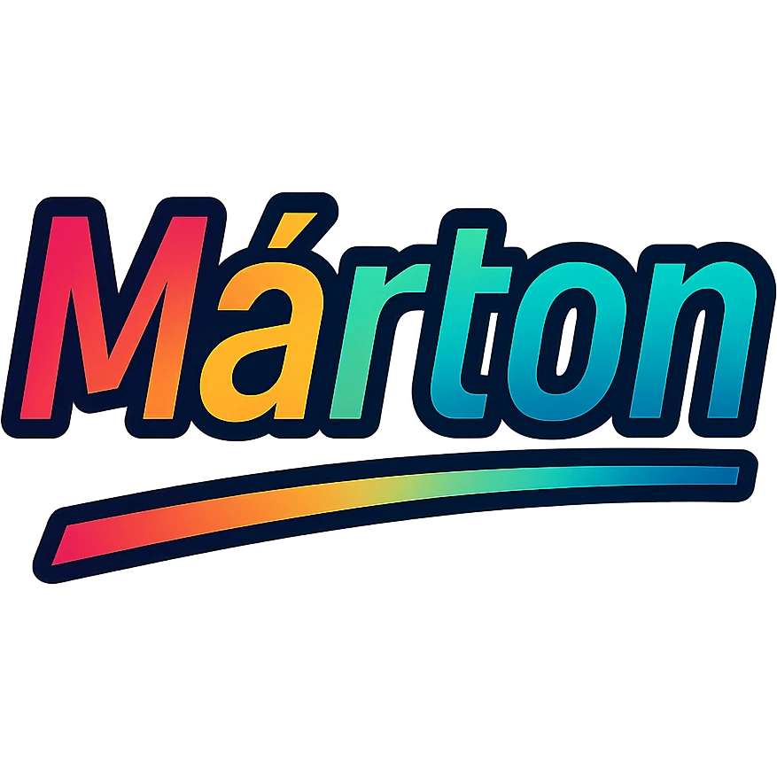 The name 'Márton' in a modern, colorful gradient font with a dark outline, on a transparent background, with the name underlined or partially underlined dynamically with a slanted underline, in the style of the sample images. emoji