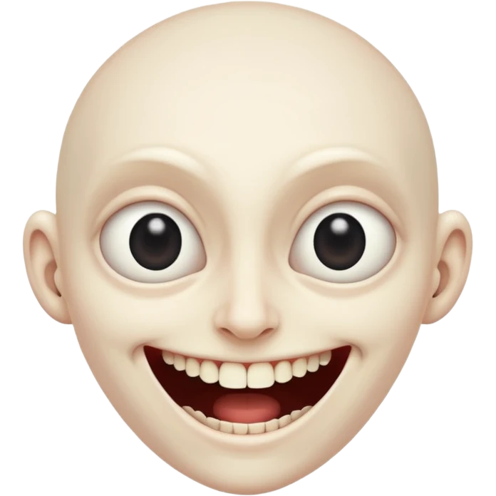 Pale emoji with completely vertical slit eyes, huge creepy grin from ear to ear, scary emoji