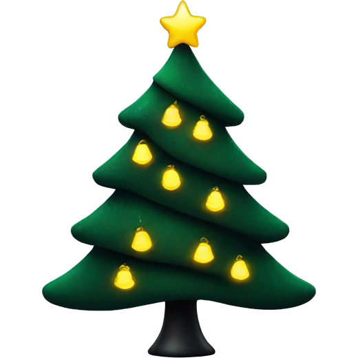A dark green Christmas tree with black decorations and yellow lights emoji