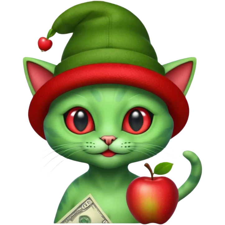 An alien cat with a red apple hat with cash all around it emoji