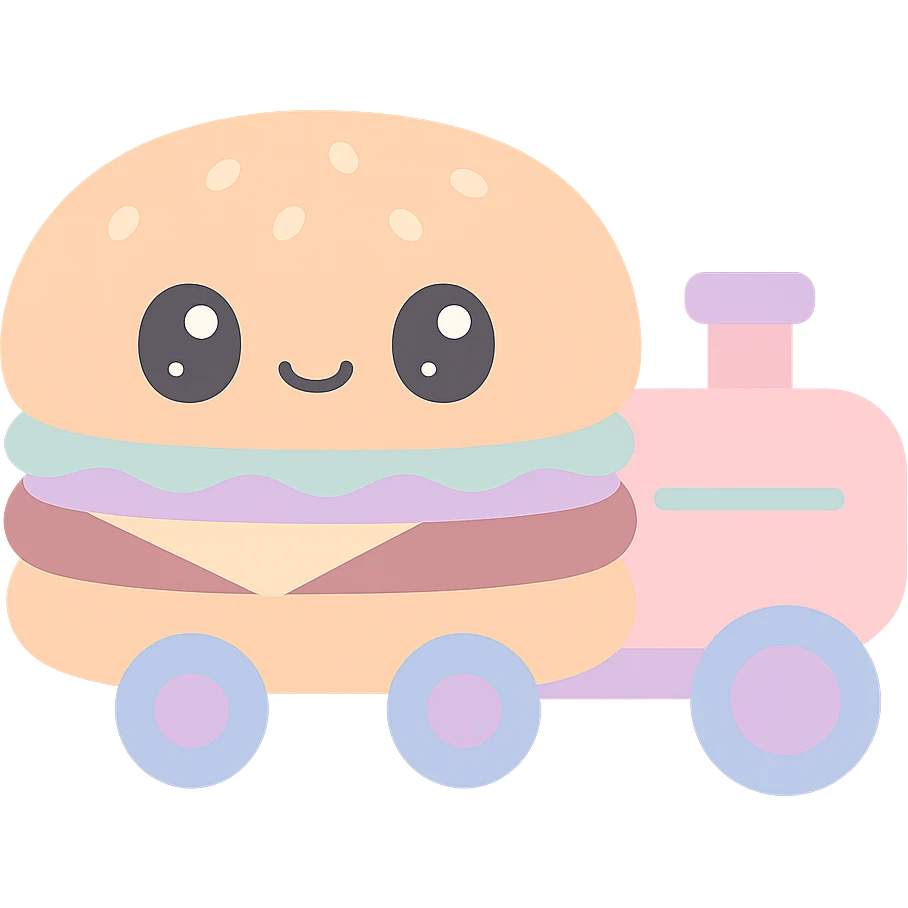 a single train car shaped like a kawaii cheeseburger, cute face, pastel colors, adorable and friendly emoji