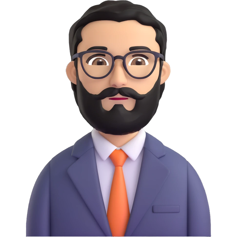 man with medium black beard, black hair, connected unibrow, olive tan skin, brown eyes, glasses, wearing a professional business suit emoji