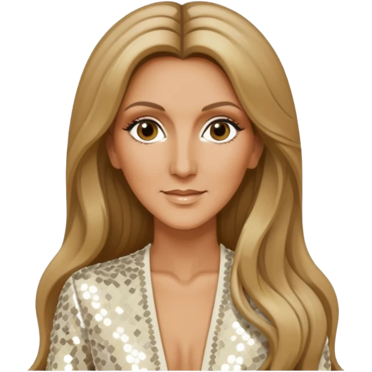 Celine Dion with long dark blonde hair, ivory sequin outfit emoji