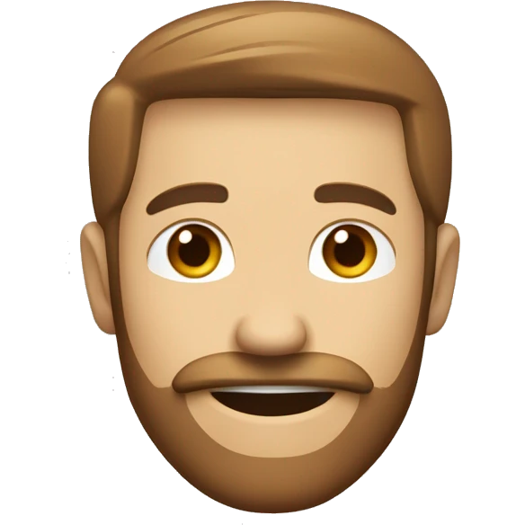 White Man with tiny downturned smiling eyes, brown beard and mustache, smile. Cap. emoji