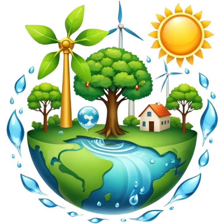 An icon featuring a green Earth, a tree, recycling symbols, and renewable energy sources like wind turbines, solar panels, and hydropower. The design includes animals, water droplets, and the sun, representing ecology, sustainable energy, and environmental protection. Transparent background. emoji