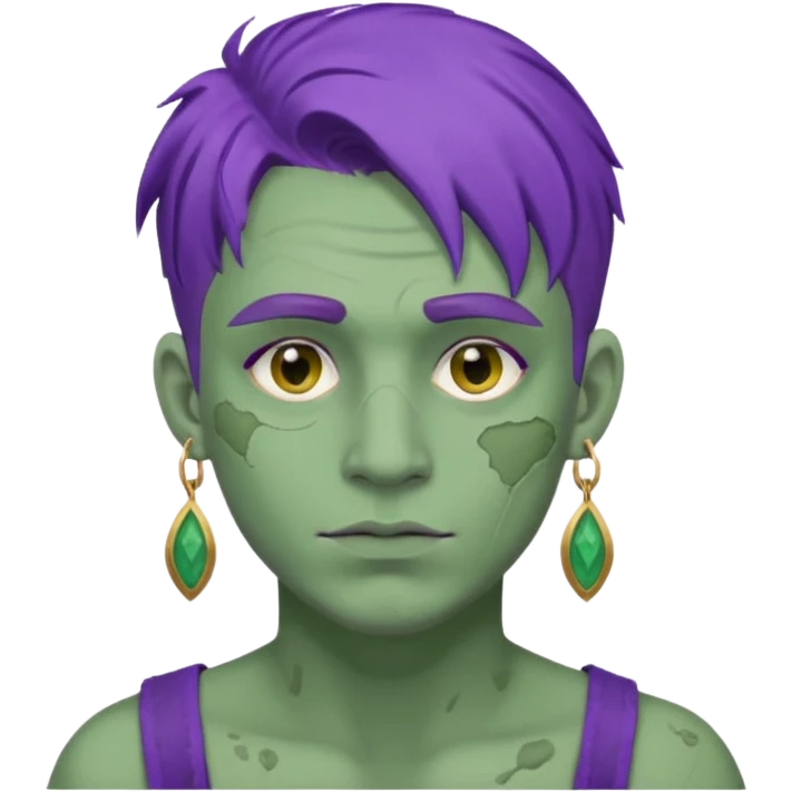 purple haired man with full full face dirty messy green clay mask and earrings emoji