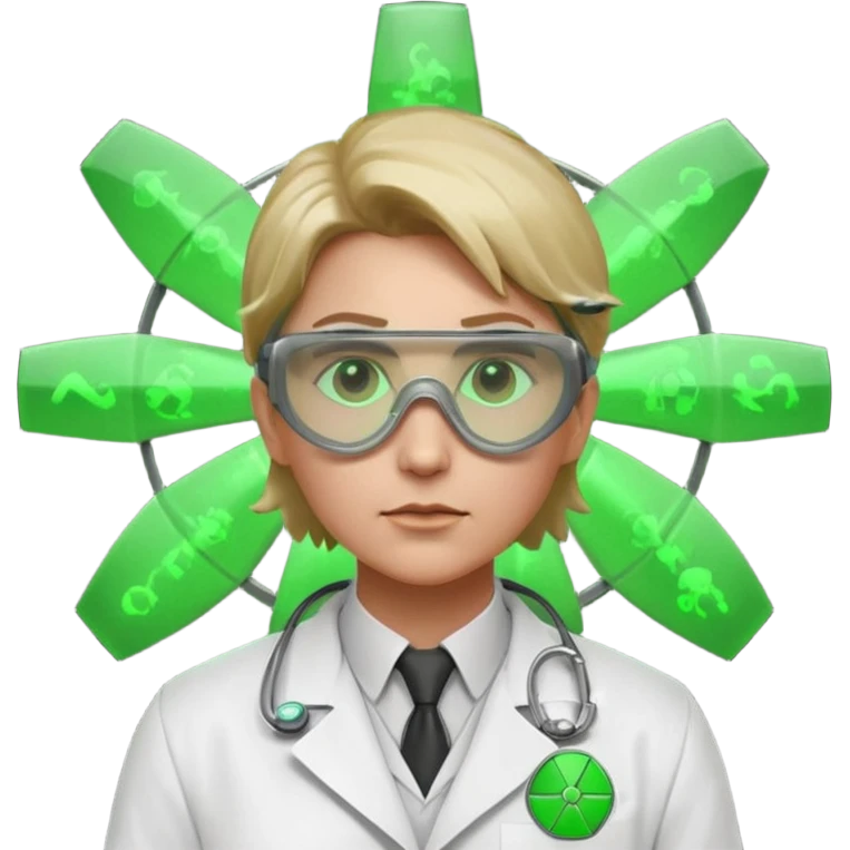 nuclear scientist portrait, head and shoulders only, wearing lab coat collar, protective goggles, glowing green radiation symbol badge, serious expression, sci-fi laboratory vibe, 3D cartoon, mobile game icon style, clean background, no text, no watermark
 emoji