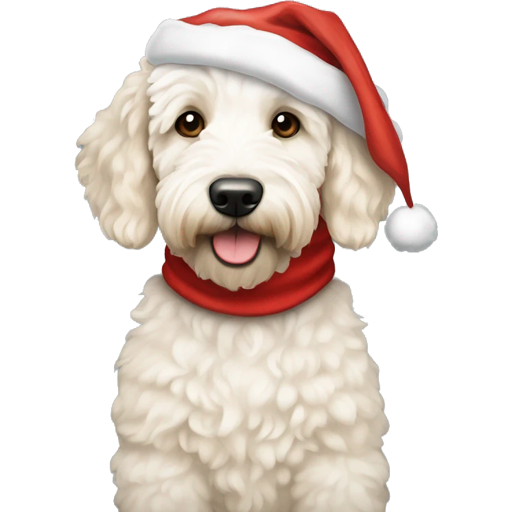 White and beige goldendoodle with Santa hat emoji