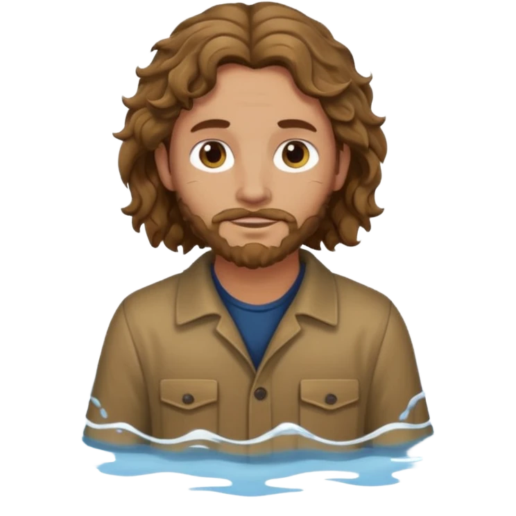 John the Baptist with wavy hair, wearing simple plain clothes, in water, emoji style emoji