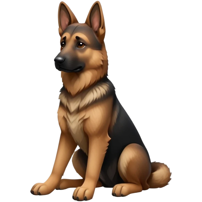 cinematic-[german shepherd]-realistic-full-body-sitting-emoji,-tail-resting-loosely-beside-its-paws,-head-tilted-dramatically,-sleek-[brown and black]-fur,-simplified-yet-realistic-focused-features,-highly-detailed,-glowing-with-an-almost-sarcastic-glow emoji
