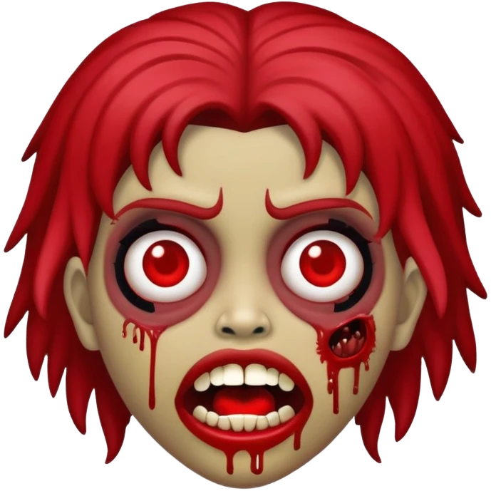 Um memoji de uma garota zombie com uma franja partinha de cabelo meramente vermelho e um pouco de sangue no rosto emoji