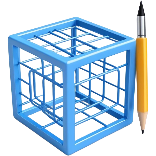 Create an emoji for 3D visualization and modeling. Show a 3D wireframe model or shape (e.g., a cube or sphere) with a design tool like a stylus and 3D rendering software interface. Use modern, professional colors. Do not include any emojis or smiley faces. Make the background transparent. emoji