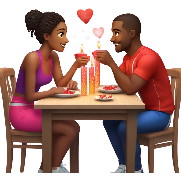 Emoji of a sporty couple, a man and a woman in athletic outfits, sitting at a romantic candlelit dinner table, with Valentine's Day hearts around them. emoji
