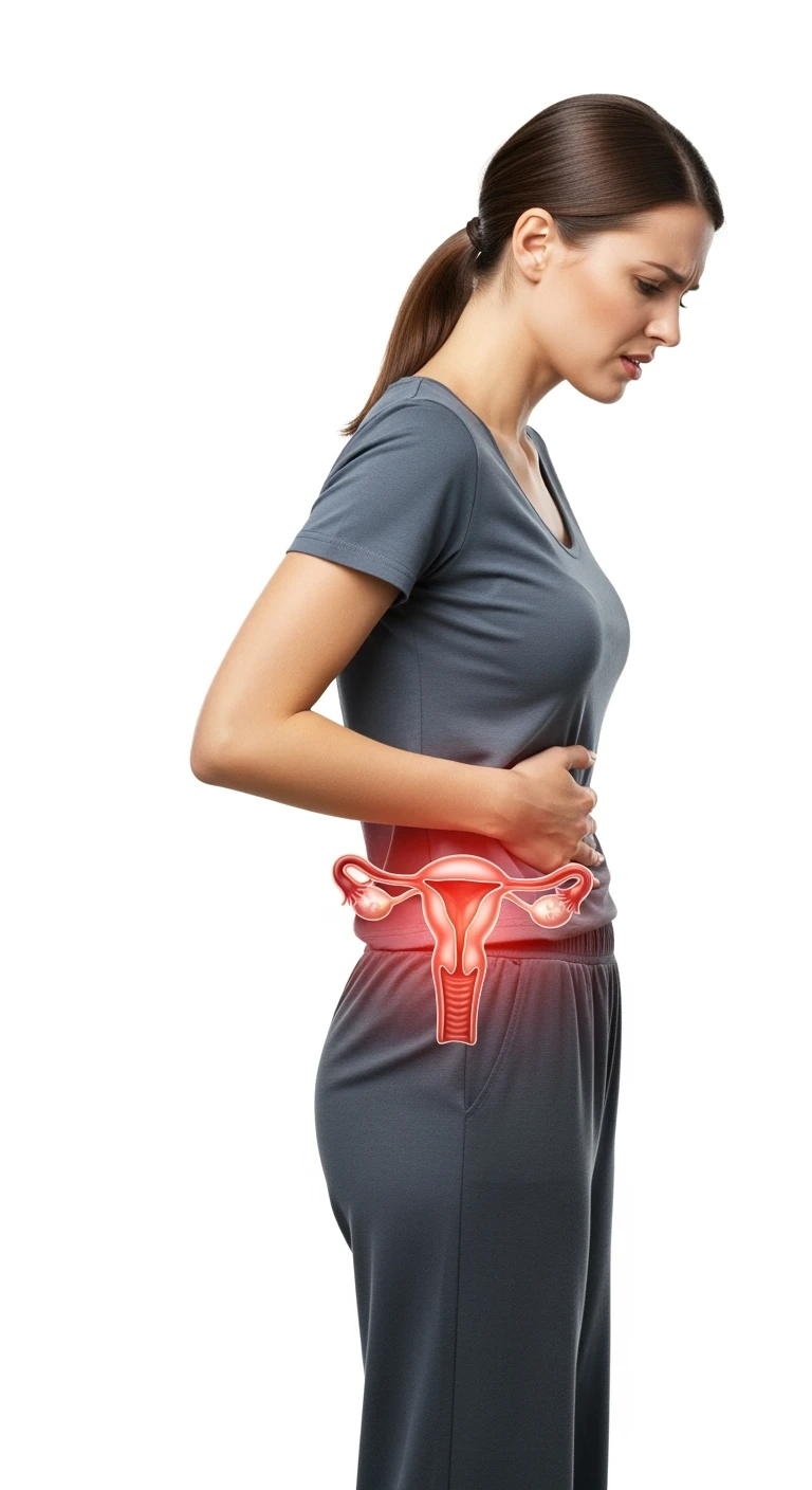 DONNA DI PROFILO A FIGURA INTERA CON UTERO ANATOMICO REALISTICO IN EVIDENZA, CON ESPRESSIONE DI DOLORE IN VOLTO PERCHé SOFFRE DI CISTITE, SFONDO BIANCO emoji