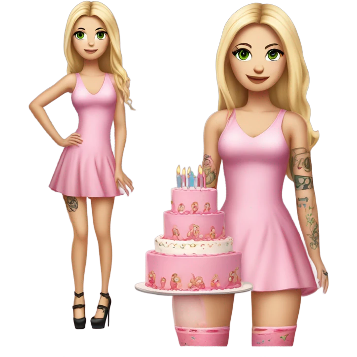 Realistic White girl with Long straight blonde hair, green eyes, tattoos, full body wearing pink dress and High heels, holding pink birthday cake emoji