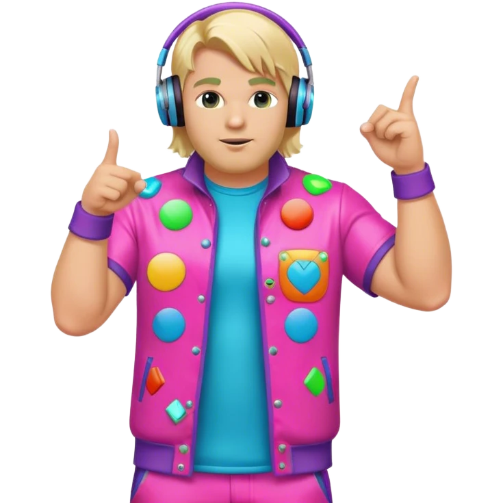 blond big man in colorful dj outfit pointing sideways emoji