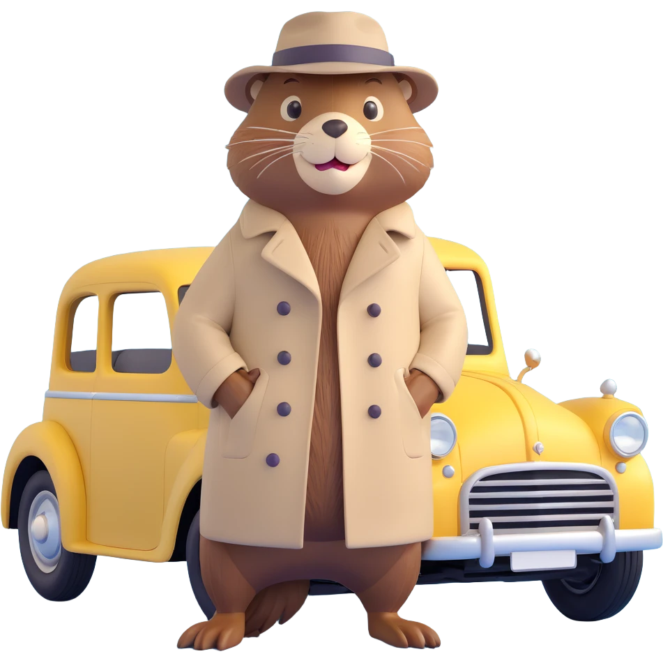 beaver in a trench coat and hat, leaning against a vintage car, gangster theme emoji