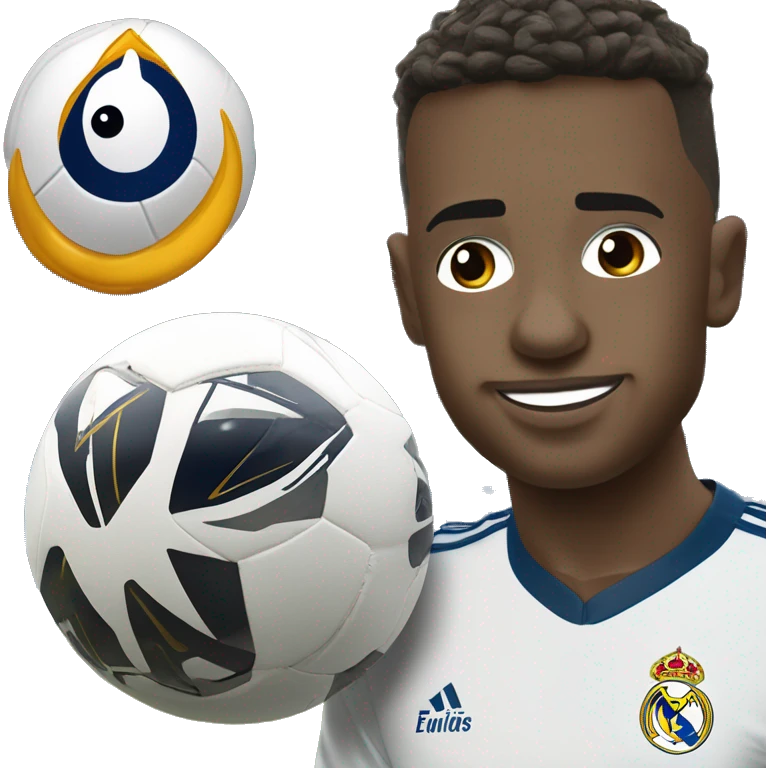 Create a crying Vinicius emoji in Real Madrid gear next to the Santiago Bernabéu stadium emoji