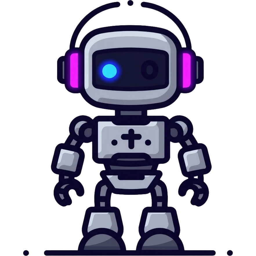 chatbot robot in gray color, with neon glow lines, blue neon glow on top left, purple neon glow on bottom right emoji