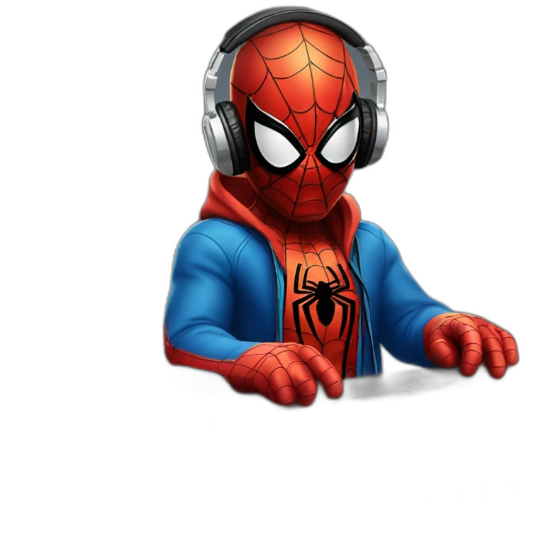 Spider-Man in headphones playing DJ mixer with piano emoji