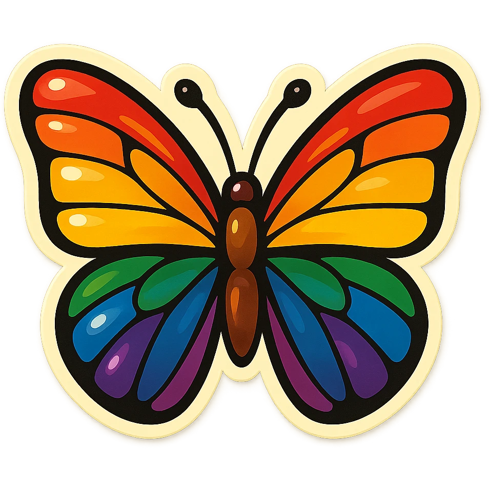 a butterfly in retro stickers style, bold outlines, vintage look, rainbow pride colors emoji