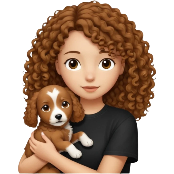 A girl with shoulder-length hair, dressed in a black tee, gently holding a curly-haired brown dog in her arms." emoji