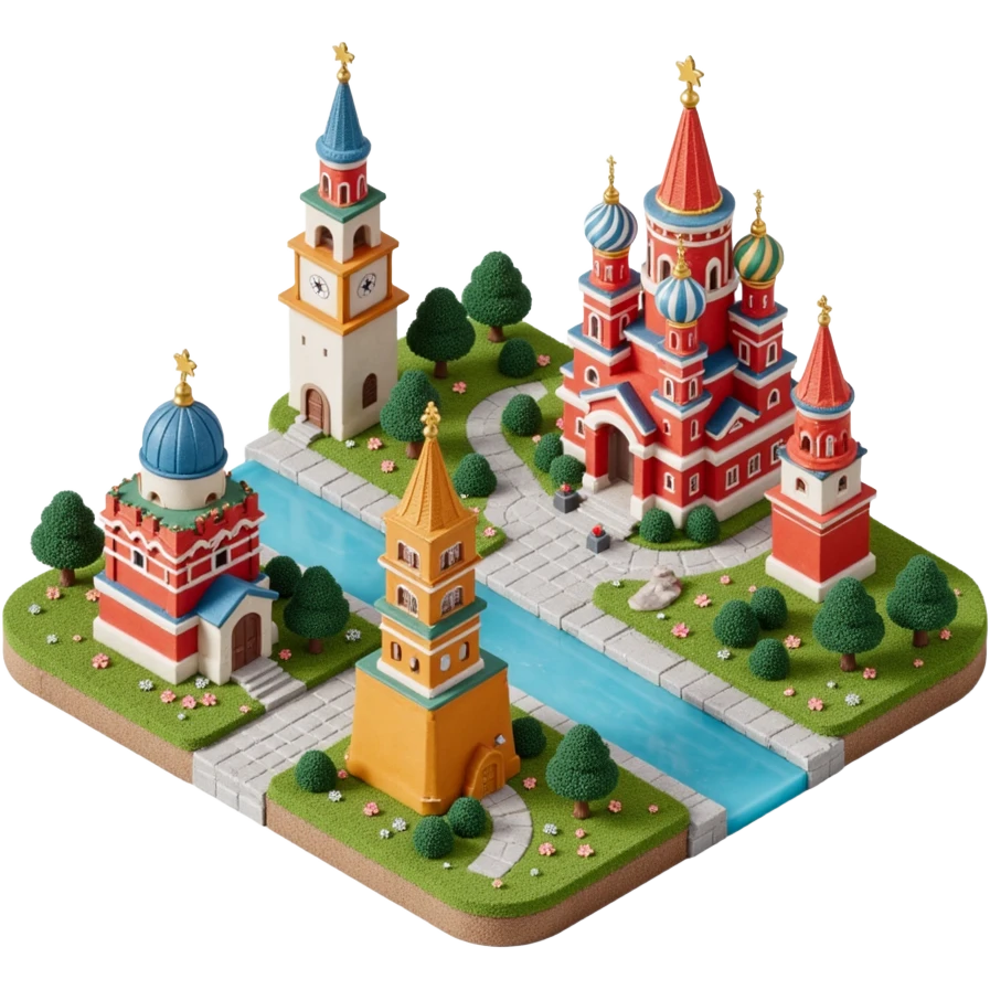 Isometric miniature 3D city with iconic landmarks of Moscow, colorful stylized buildings, cartoon realism emoji