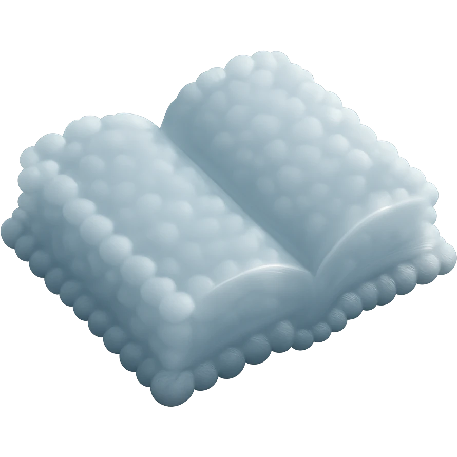 top view of a thick open book made entirely of small, very bright white fluffy convex clouds, matte glass style, no background emoji