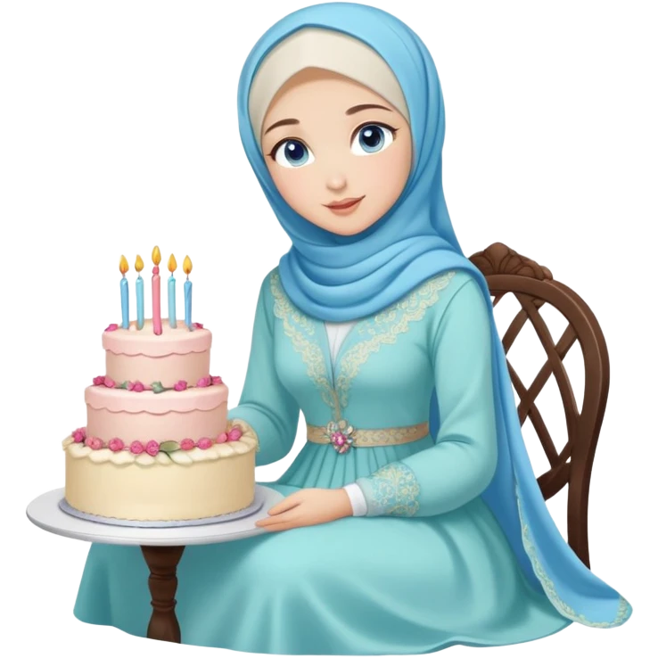 Turkish beautiful finish Konya girl blue eyes with pastel hijab long tail dress and sits on the chair and holds floral cake with her hand  emoji