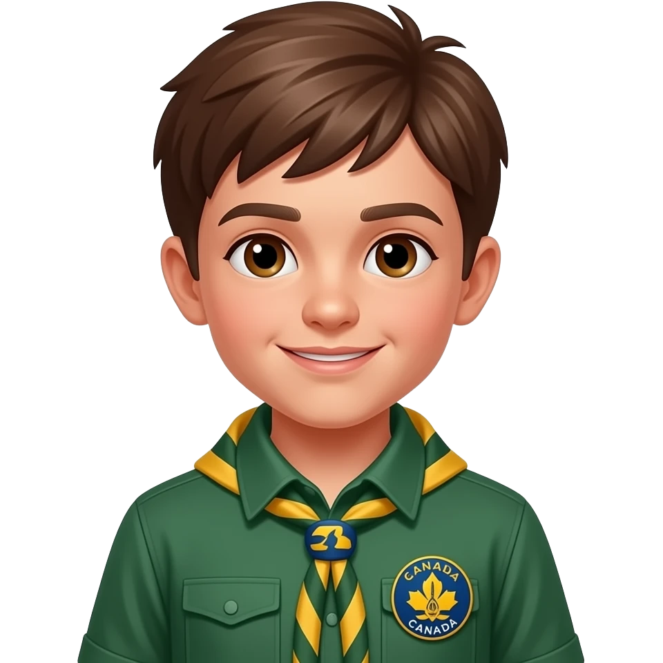 Scout Green shirt, Caucasian boy, brown hair and eyes scouts canada badge emoji