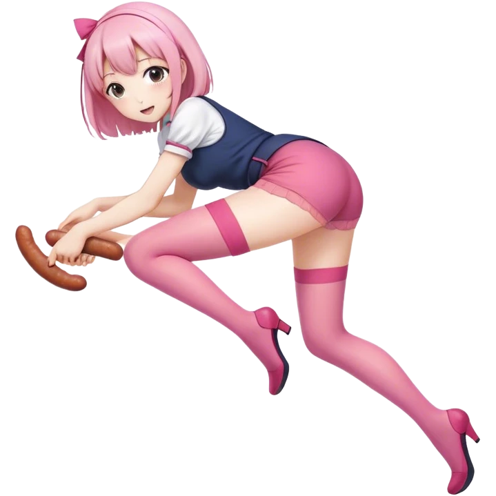 Anime girl in thigh-high stockings, bending over slightly while reaching for a pink sausage. She has a playful and charming expression, her casual outfit complements the soft shading and warm atmosphere.  emoji